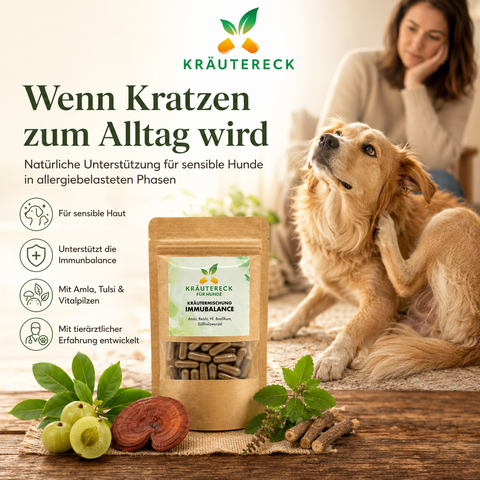Hund mit sensibler Haut kratzt sich leicht am Hals neben Kräutereck ImmuBalance Packung in natürlicher grüner Umgebung.