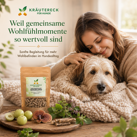 Kräutereck ImmuBalance Kapseln mit Vitalpilzen und Kräutern auf rustikalem Holztisch vor entspanntem Hund.
