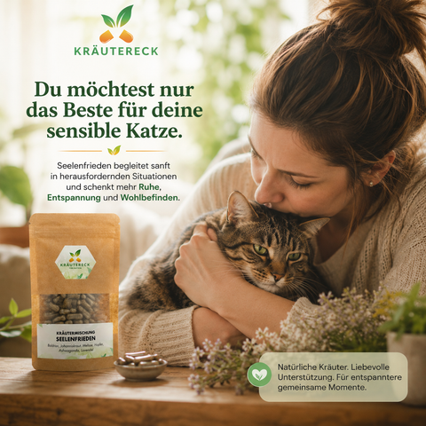 Unruhige und angespannte Katze am Fenster als Symbol für Stress und sensibles Verhalten bei Katzen mit Kräutereck Seelenfrieden