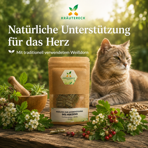 Kräutereck Herz Kräuterkapseln mit Weißdorn auf rustikalem Holztisch neben entspannter Katze und natürlichen Kräutern zur Unterstützung von Herz und Kreislauf.