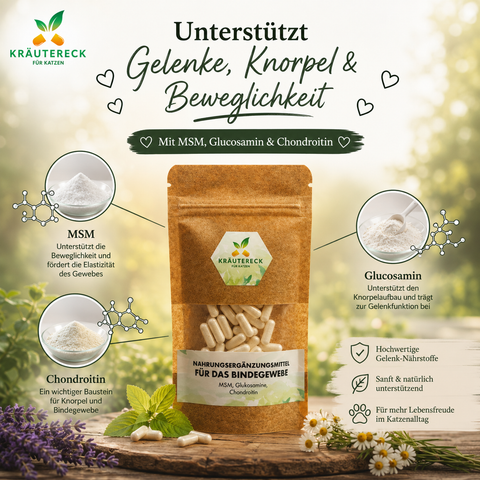 Kräutereck Bindegewebe Katze Gelenkkapseln mit MSM, Glucosamin und Chondroitin für Knorpel, Beweglichkeit und tägliche Unterstützung.