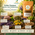 Kräutereck Seelenfrieden Katze mit Baldrian, Melisse, Lavendel und natürlichen Kräutern auf rustikalem Holztisch