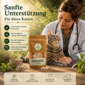Tierärztin mit älterer Katze neben Kräutereck Bindegewebe Katze Kapseln für Gelenke und Knorpel im natürlichen Kräutereck-Stil.