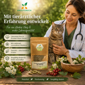 Tierärztin mit älterer Katze neben Kräutereck Herz Kräuterkapseln mit Weißdorn – natürlich, hochwertig und mit tierärztlicher Erfahrung entwickelt.