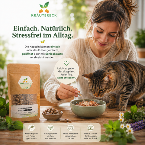 Katze frisst entspannt Futter mit Kräutereck Seelenfrieden Kapseln mit Fleischgeschmack für eine einfache tägliche Anwendung