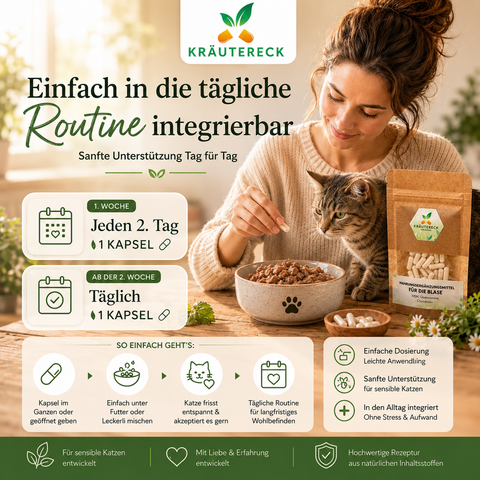 Tierärztin mit Katze in natürlicher Kräutereck-Umgebung – liebevoll entwickelte, natürliche Unterstützung für Katzen mit hochwertigen Kräutern und tierärztlicher Erfahrung.