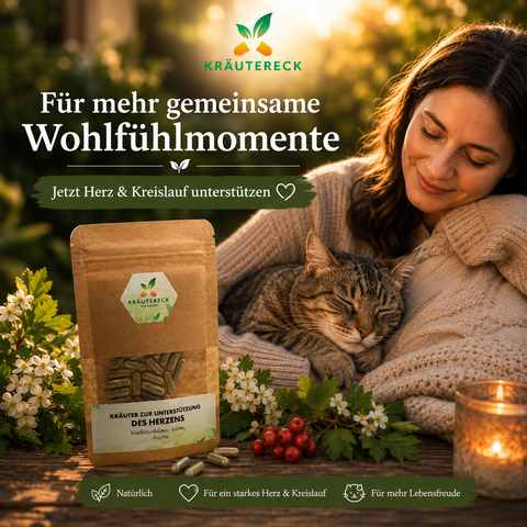 Liebevoller Wohlfühlmoment zwischen Katze und Besitzer im warmen Abendlicht mit Kräutereck Herz Kräuterkapseln zur Unterstützung von Herz und Kreislauf.