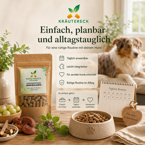 ImmuBalance Packung neben Futternapf und Kapseln zur einfachen täglichen Anwendung für Hunde.