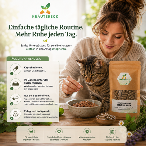 Dosierungsempfehlung für Kräutereck Seelenfrieden Katze mit täglicher Routine und sanfter Gewöhnung an die Kräuterkapseln