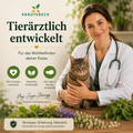Tierärztin mit Katze in natürlicher Kräutereck-Umgebung – liebevoll entwickelte, natürliche Unterstützung für Katzen mit hochwertigen Kräutern und tierärztlicher Erfahrung.
