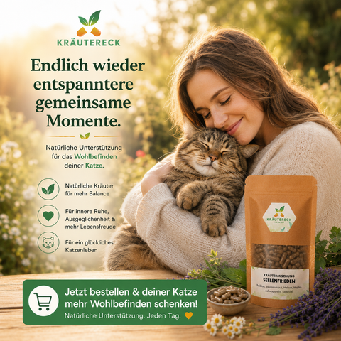 Entspannte Katze liegt zufrieden neben ihrer Besitzerin mit Kräutereck Seelenfrieden für mehr Ruhe im Alltag