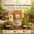 Produkt Blase Katze mit natürlichen Kräutern und entspannter Katze im Hintergrund.