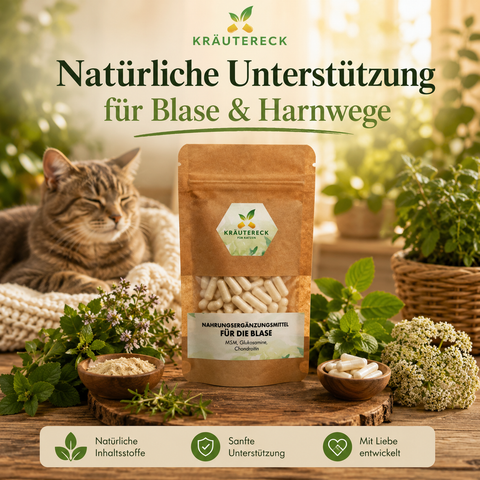 Produkt Blase Katze mit natürlichen Kräutern und entspannter Katze im Hintergrund.