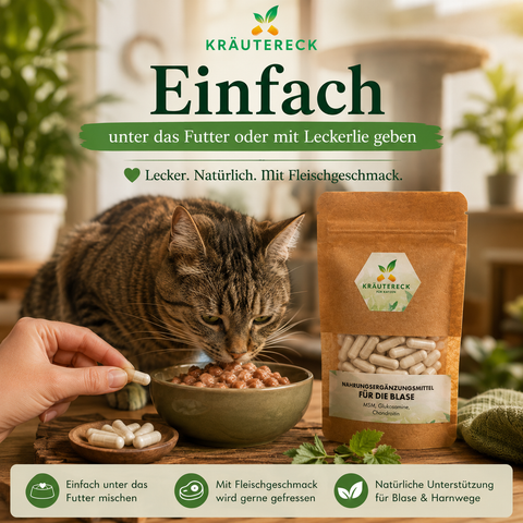 Katzenhalterin gibt Kräuterkapsel ins Nassfutter für ihre Katze.