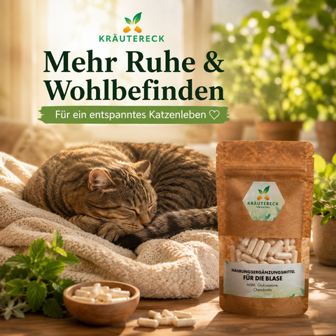 Entspannte schlafende Katze neben Kräutereck Blase Katze Produkt.