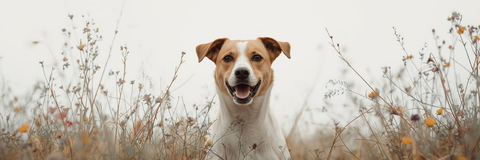kleiner Hund schaut fröhlich zwischen Feldblumen hervor