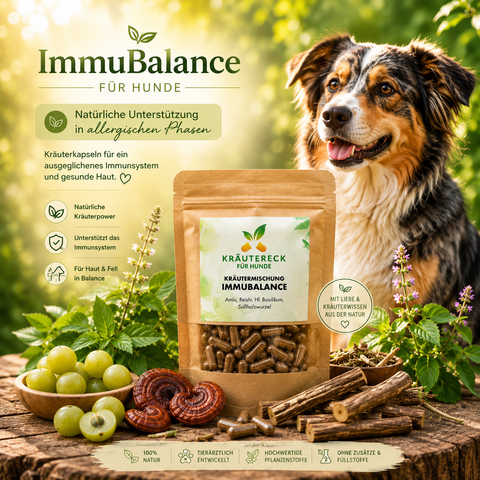 Kräutereck ImmuBalance Kapseln mit Vitalpilzen und Kräutern auf rustikalem Holztisch vor entspanntem Hund.