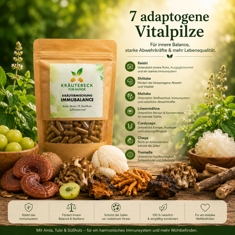 Kräutereck ImmuBalance Packung mit Reishi, Shiitake, Chaga, Amla, Tulsi und Süßholz auf Holztisch arrangiert.