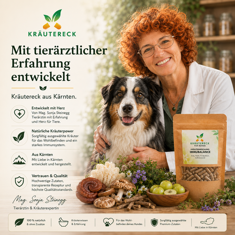 Tierärztin Mag. Sonja Steinegg mit Hund und Kräutereck ImmuBalance Kapsel-Packung in heller natürlicher Umgebung.