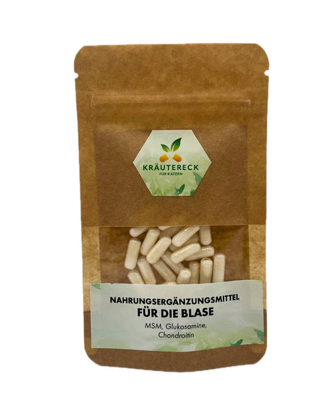 Produktverpackung: Kräuterkapseln für die Blase bei Katzen – mit MSM, Glucosamin & Chondroitin (Vorderseite).