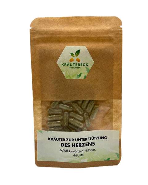 Produktverpackung: Kräuterkapseln für das Herz-Wohlbefinden bei Katzen – mit Weißdorn (Vorderseite).