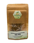 Produktverpackung: Kräuterkapseln für Leber-Wohlbefinden bei Katzen – mit Mariendistel, Reishi, Astragalus, Artischocke & Schafgarbe (Vorderseite).