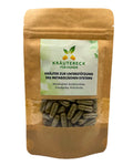 Produktverpackung: Kräuterkapseln für Gewichtsmanagement bei Hunden – mit Mariendistel, Bockshornklee, Schafgarbe & Artischocke (Vorderseite).