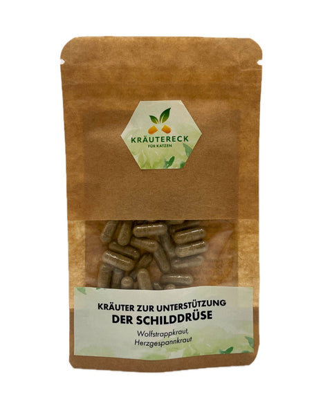 Produktverpackung: Kräuterkapseln für Schilddrüsenüberfunktion bei Katzen – mit Wolfstrappkraut & Herzgespannkraut (Vorderseite).