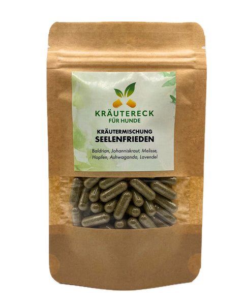 Produktverpackung: Kräuterkapseln für inneren Ausgleich bei Hunden – mit Baldrian, Johanniskraut, Melisse, Hopfen, Ashwagandha & Lavendel (Vorderseite).
