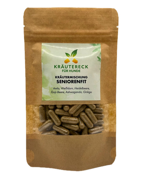 Produktverpackung: SeniorenFit Kräuterkapseln für Hunde – mit Amla, Weißdorn, Heidelbeeren, Goji-Beeren, Ashwagandha & Ginkgo (Vorderseite).