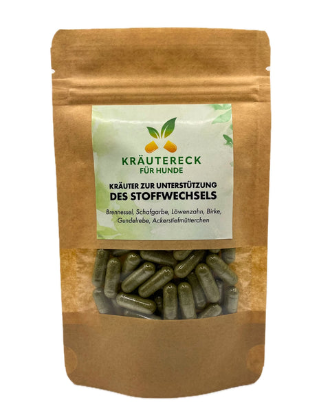Produktverpackung: Kräuterkapseln für den Stoffwechsel bei Hunden – mit Brennnessel, Schafgarbe, Löwenzahn, Birke, Gundelrebe & Ackerstiefmütterchen (Vorderseite).