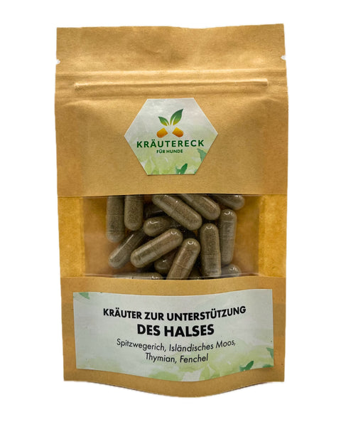 Produktverpackung: Kräuterkapseln für den Hals & Atemwege bei Hunden – mit Spitzwegerich, isländisches Moos, Thymian & Fenchel (Vorderseite).