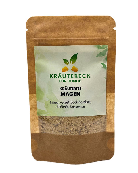Produktverpackung: Kräutertee für den Magen bei Hunden – mit Eibischwurzel, Bockshornklee, Süßholz & Leinsamen Vorderseite).