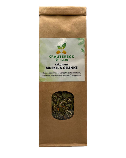 Produktverpackung: Kräutertee für Muskel & Gelenke bei Hunden – mit Brennnessel, Birke, Löwenzahn, Schachtelhalm, Goldrute, Weide, Mädesüß & Hagebutte (Vorderseite).