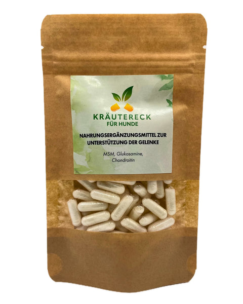 Produktverpackung: Kräuter-Kapseln für die Gelenke bei Hunden – mit MSM, Glukosamin und Chondroitin (Vorderseite).