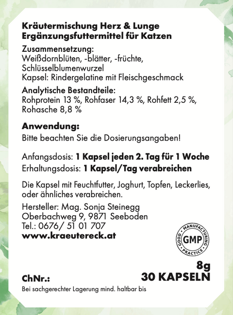 Rückseite: einfache Anwendung, Dosierung, Zutaten & analytische Bestandteile – Herz-Lungen-Kapseln Katze.