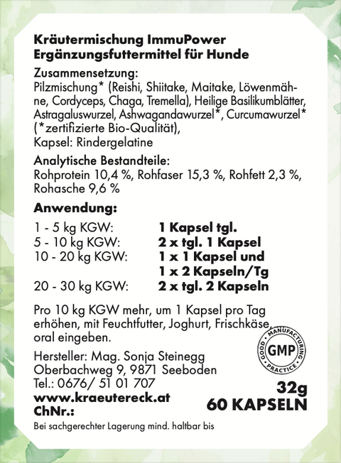 Rückseite: einfache Anwendung, Fütterung, Zutaten & analytische Bestandteile – ImmuPower Kapseln Hund.