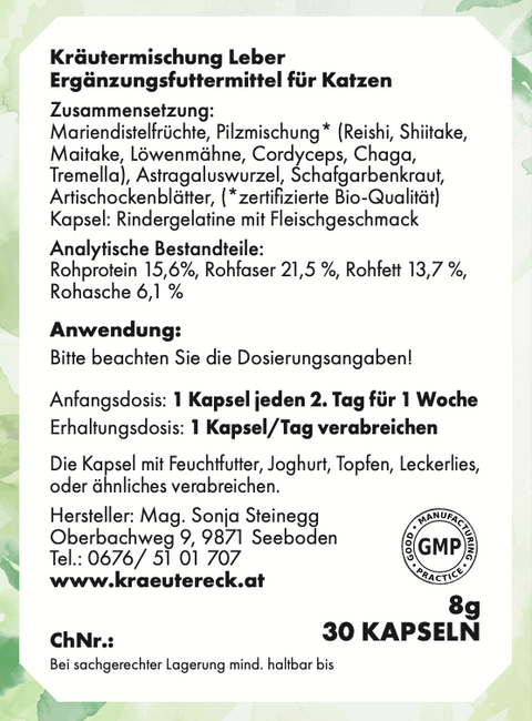 Rückseite: einfache Anwendung, Fütterung, Zutaten & analytische Bestandteile – Leber-Kapseln Katze.