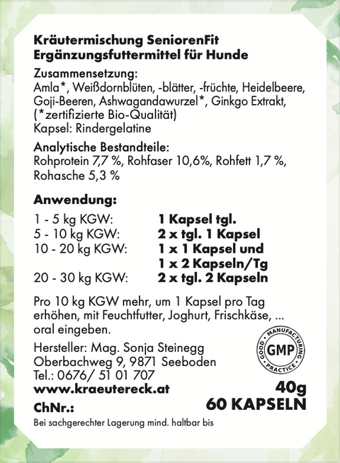 Rückseite: einfache Anwendung, Dosierung, Zutaten & analytische Bestandteile – SeniorenFit Kapseln Hund.