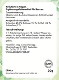 Rückseite: einfache Anwendung, Dosierung, Zutaten & analytische Bestandteile – Magentee Katze.