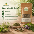 Kräuterkapseln mit natürlichen Kräutern wie Wolfstrapp und Herzgespann neben Kräutereck Produktverpackung auf rustikalem Holztisch.