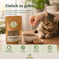 Katze erhält Kräuterkapsel mit Fleischgeschmack neben Kräutereck Schilddrüsen Produkt in gemütlicher natürlicher Umgebung.