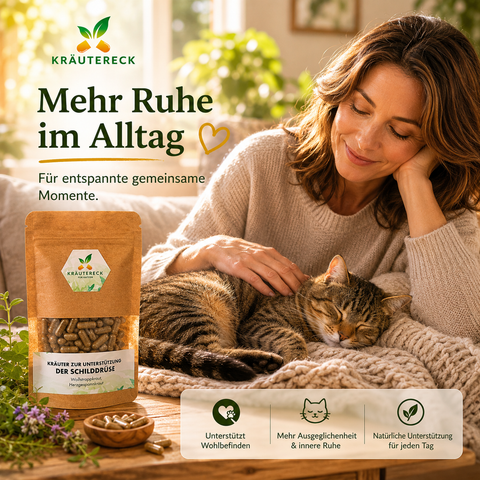 Entspannte Katze schläft neben ihrer Besitzerin mit Kräutereck Kräuterkapseln in warmer gemütlicher Wohnatmosphäre.